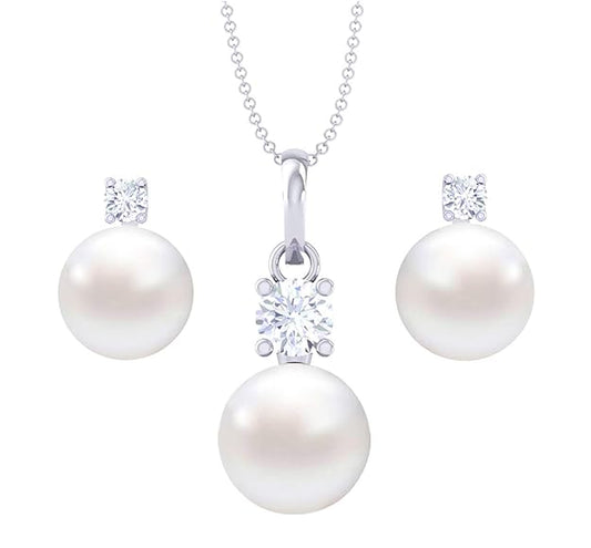 Sterling Silver and Pearl & Crystal Pendant Earrings Set With Chain for Women & Girls (White) - Rajputtrade