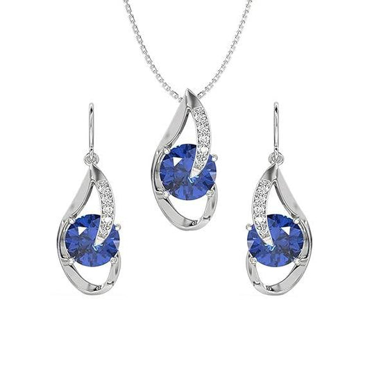 925 Sterling Silver Royal Blue Eye Pendant Earring Chain Jewellery Set | Rhodium Plated, Swiss Zirconia | Gift for Women & Girls - Rajputtrade