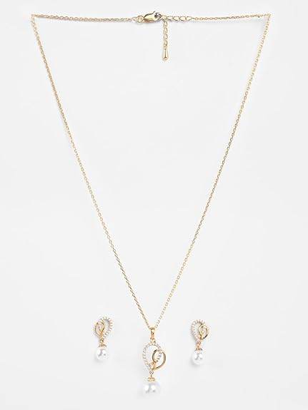 925 Sterling Silver Zahab Pearl Interlocked Pendant Earrings Chain Necklace Jewellery Set | Gold Plated, Swiss Zirconia |Gift for Women and Girls - Rajputtrade