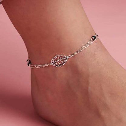 925 Sterling Silver Layered Designer Leaf Beaded Rhodium Plated Adjustable Chain Anklet (Single) | Gift for Women & Girls | - Rajputtrade