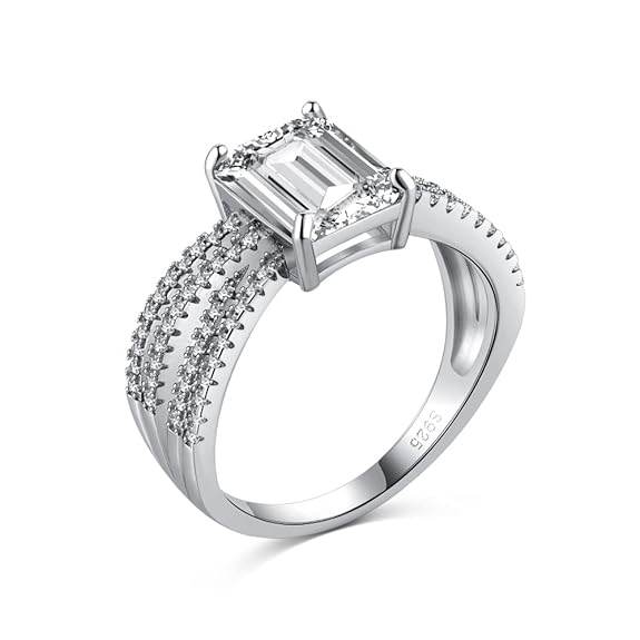 92.5 Sterling Silver Multi Band Emerald Cut Ring | Engagement Ring for Women, - Rajputtrade