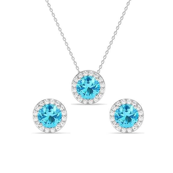 925 Sterling Silver Orsa Blue Solitaire Pendant Earrings Chain Necklace Jewellery Set | Platinum Plated, Swiss Zirconia |Gift for Women and Girls - Rajputtrade