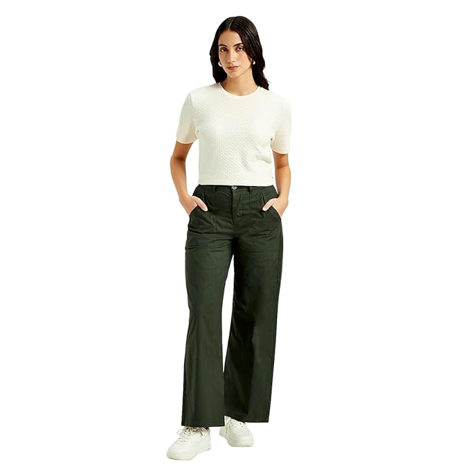 Women's High Rise Olive Straight Fit Trousers, Green (Size 34) - Rajputtrade