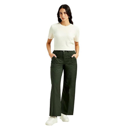 Women's High Rise Olive Straight Fit Trousers, Green (Size 34) - Rajputtrade