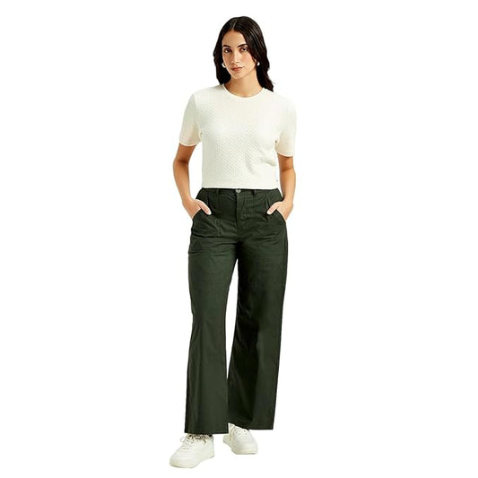 Women's High Rise Olive Straight Fit Trousers, Green (Size 34) - Rajputtrade