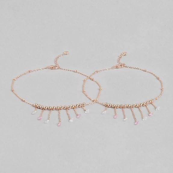 925 Sterling Silver Multicolour Cubic Zirconia CZ Chain Drops Rose Gold Plated Adjustable Beaded Chain Anklets (Pair) | Gift for Women and Girls | - Rajputtrade