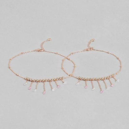 925 Sterling Silver Multicolour Cubic Zirconia CZ Chain Drops Rose Gold Plated Adjustable Beaded Chain Anklets (Pair) | Gift for Women and Girls | - Rajputtrade