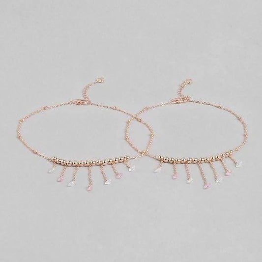 925 Sterling Silver Multicolour Cubic Zirconia CZ Chain Drops Rose Gold Plated Adjustable Beaded Chain Anklets (Pair) | Gift for Women and Girls | - Rajputtrade