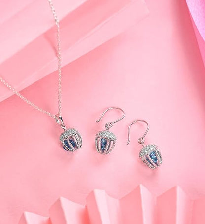 925 Sterling Silver Acorn Blue Solitaire Pendant Earrings Chain Necklace Jewellery Set | Platinum Plated, Swiss Zirconia | Unique Gift for Women and Girls