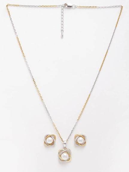 925 Sterling Silver Real Pearl Knot Pendant Earring Chain Jewellery Set | Gold Rhodium Plated | Gift for Women & Girls - Rajputtrade