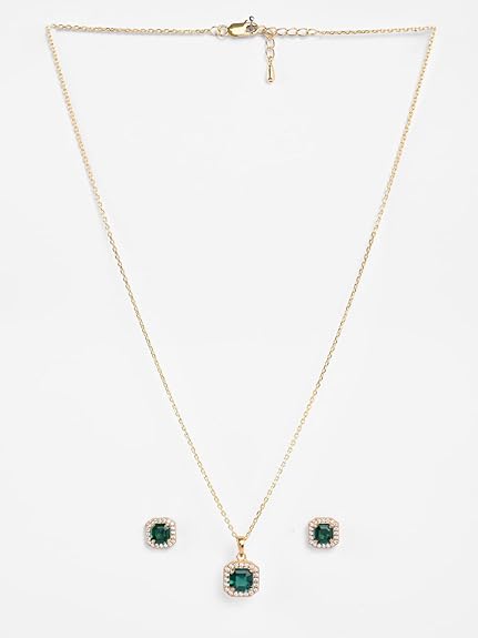 925 Sterling Silver Amati Green Solitaire Pendant Earrings Chain Necklace Jewellery Set | Gold Plated, Swiss Zirconia |Gift for Women and Girls