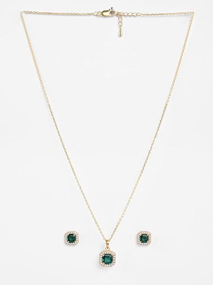 925 Sterling Silver Amati Green Solitaire Pendant Earrings Chain Necklace Jewellery Set | Gold Plated, Swiss Zirconia |Gift for Women and Girls