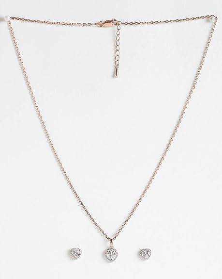 925 Sterling Silver Heart Solitaire Pendant Earring Chain Jewellery Set | Rose Gold Rhodium Plated, Swiss Zirconia | Gift for Women & Girls - Rajputtrade
