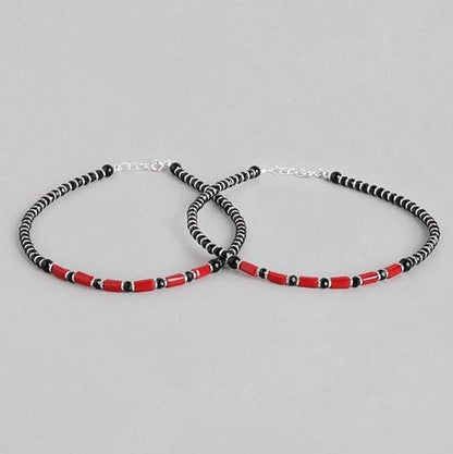 925 Sterling Silver Designer Black and Red Rhodium Plated Adjustable Beaded Anklet (Pair) | Gift for Women & Girls | - Rajputtrade
