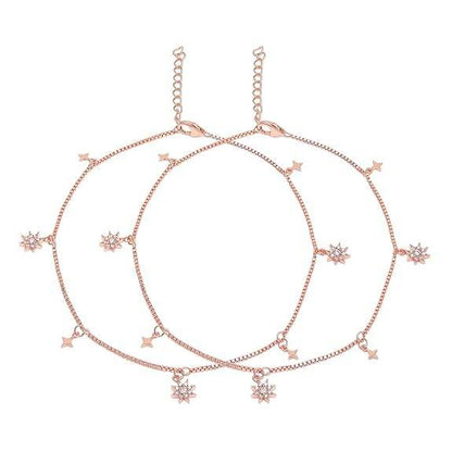 925 Sterling Silver Cubic Zirconia CZ Designer Dual Multi Stars Rose Gold Plating Anklet (Pair) | Gift for Women & Girls | - Rajputtrade