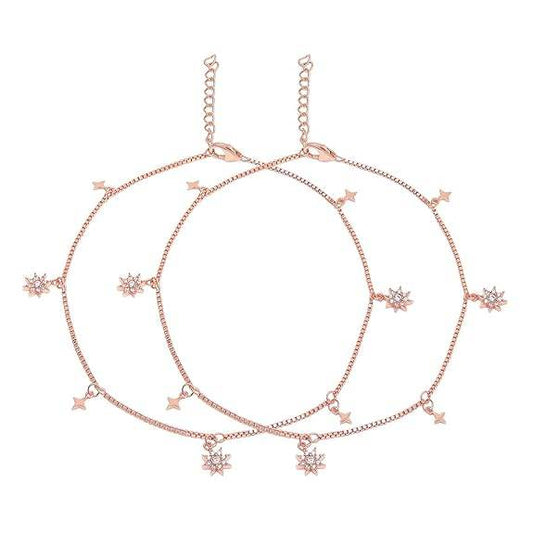 925 Sterling Silver Cubic Zirconia CZ Designer Dual Multi Stars Rose Gold Plating Anklet (Pair) | Gift for Women & Girls | - Rajputtrade