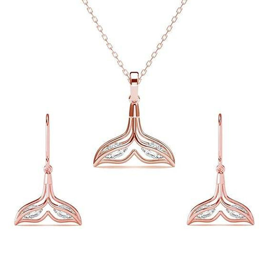 925 Sterling Silver Whale Tail Pendant Earrings Chain Necklace Jewellery Set | Rose Gold Plated, Swiss Zirconia |Gift for Women and Girls - Rajputtrade