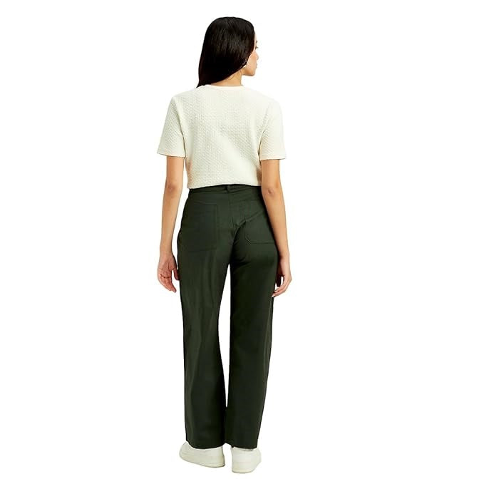 Women's High Rise Olive Straight Fit Trousers, Green (Size 34) - Rajputtrade