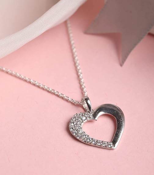 925 Sterling Silver Heart Shape Pendant Chain Necklace | Rhodium Plated, Swiss Zirconia | Gift for Women and Girls - Rajputtrade