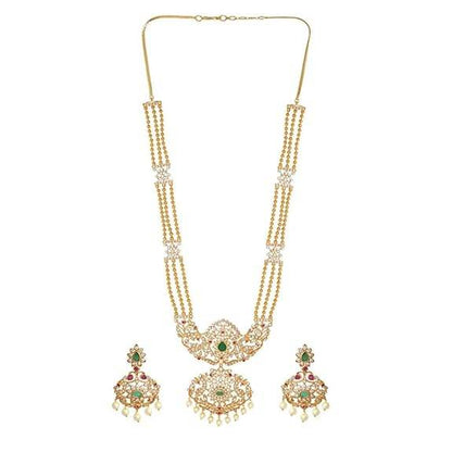 Gold Tone Temple Necklace Set with Green, Pink & White Stones by For Women - Rajputtrade