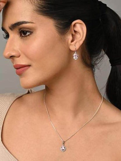 925 Sterling Silver Jino Pink Pear Solitaire Pendant Earrings Chain Necklace Jewellery Set | Platinum Plated, Swiss Zirconia |Gift for Women and Girls - Rajputtrade