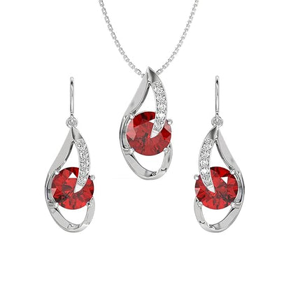 925 Sterling Silver Blood Red Eye Pendant Earring Chain Jewellery Set | Rhodium Plated, Swiss Zirconia | Gift for Women & Girls