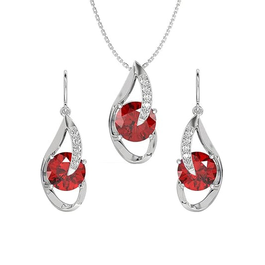 925 Sterling Silver Blood Red Eye Pendant Earring Chain Jewellery Set | Rhodium Plated, Swiss Zirconia | Gift for Women & Girls