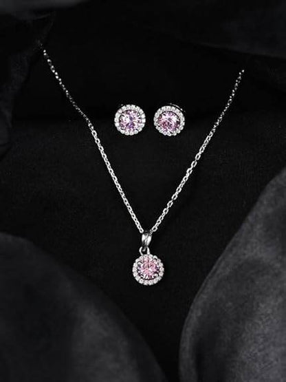 925 Sterling Silver Tove Pink Solitaire Pendant Earrings Chain Necklace Jewellery Set | Platinum Plated, Swiss Zirconia |Gift for Women and Girls - Rajputtrade