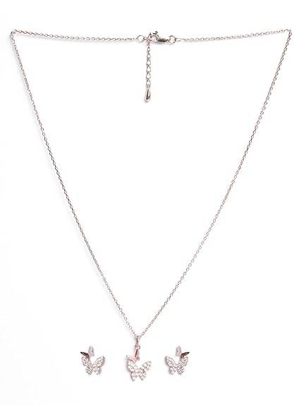 925 Sterling Silver Fairy Butterfly Pendant Earrings Chain Necklace Jewellery Set | Rose Gold Plated, Swiss Zirconia | Gift for Women and Girls - Rajputtrade