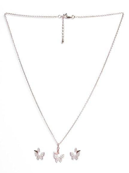 925 Sterling Silver Fairy Butterfly Pendant Earrings Chain Necklace Jewellery Set | Rose Gold Plated, Swiss Zirconia | Gift for Women and Girls - Rajputtrade
