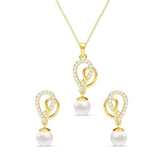 925 Sterling Silver Zahab Pearl Interlocked Pendant Earrings Chain Necklace Jewellery Set | Gold Plated, Swiss Zirconia |Gift for Women and Girls - Rajputtrade