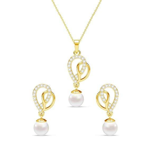 925 Sterling Silver Zahab Pearl Interlocked Pendant Earrings Chain Necklace Jewellery Set | Gold Plated, Swiss Zirconia |Gift for Women and Girls - Rajputtrade