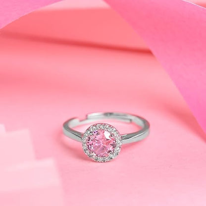 Pure 925 Sterling Silver Vega Pink Solitaire Halo Finger Ring | Swiss Zircon Platinum Plated | Size Adjustable | Gift for Women Girls Wife Girlfriend - Rajputtrade