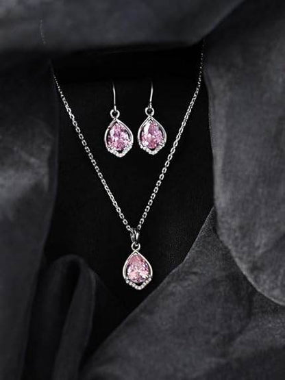 925 Sterling Silver Jino Pink Pear Solitaire Pendant Earrings Chain Necklace Jewellery Set | Platinum Plated, Swiss Zirconia |Gift for Women and Girls - Rajputtrade