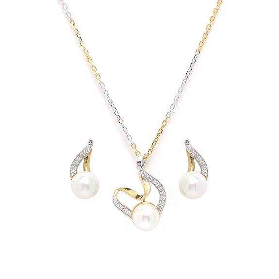 925 Sterling Silver Pearl Asuka Pendant Earring Chain Jewellery Set | Gold Rhodium Plated, Swiss Zirconia | Gift for Women & Girls - Rajputtrade