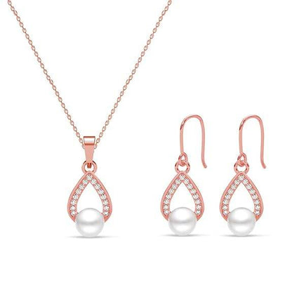 925 Sterling Silver Kashm Freshwater Pearl Pendant Earrings Chain Necklace Jewellery Set | Rose Gold Plated, Swiss Zirconia |Gift for Women and Girls - Rajputtrade