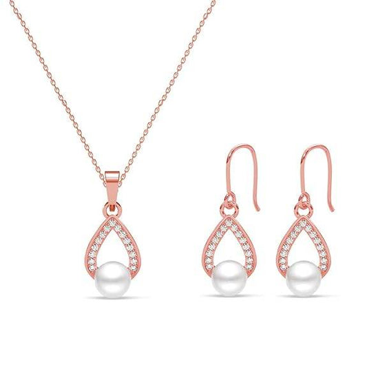 925 Sterling Silver Kashm Freshwater Pearl Pendant Earrings Chain Necklace Jewellery Set | Rose Gold Plated, Swiss Zirconia |Gift for Women and Girls - Rajputtrade
