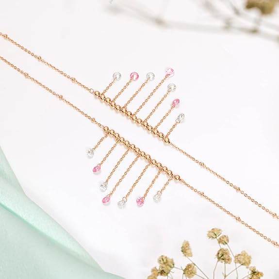 925 Sterling Silver Multicolour Cubic Zirconia CZ Chain Drops Rose Gold Plated Adjustable Beaded Chain Anklets (Pair) | Gift for Women and Girls | - Rajputtrade