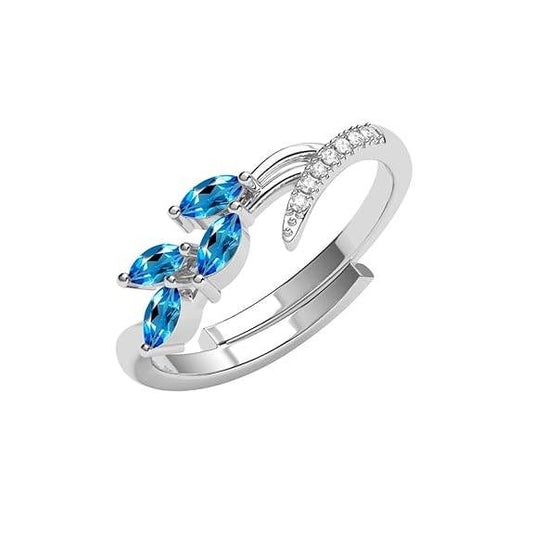 925 Sterling Silver Tonje Curved Blue Leaf Finger Ring | Swiss Zircon Platinum Plated | Size Adjustable | Gift for Women Girls Wife Girlfriend - Rajputtrade