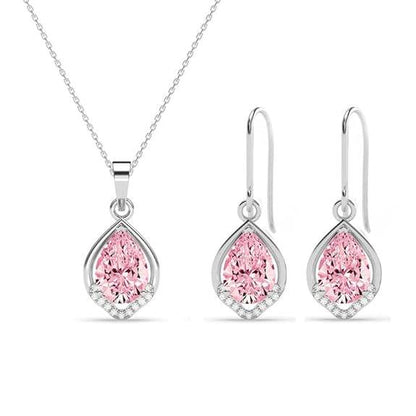 925 Sterling Silver Jino Pink Pear Solitaire Pendant Earrings Chain Necklace Jewellery Set | Platinum Plated, Swiss Zirconia |Gift for Women and Girls - Rajputtrade