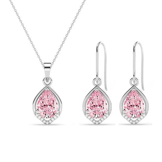 925 Sterling Silver Jino Pink Pear Solitaire Pendant Earrings Chain Necklace Jewellery Set | Platinum Plated, Swiss Zirconia |Gift for Women and Girls - Rajputtrade