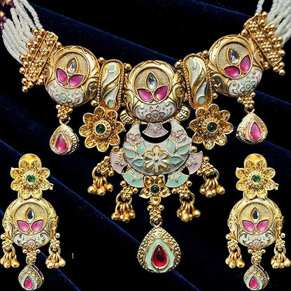 Rajwadi Floral Design Chokor Motimala Jewellery for Girls pink and green - Rajputtrade