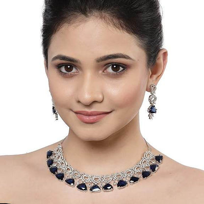 Choker Necklace And Drop Earrings Jewellery Set For Women (Blue) - Rajputtrade