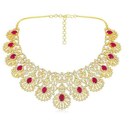 Gold Plated Cubic Zirconia & Red Crystal Studded Floral Necklace & Dangle Earring - Rajputtrade