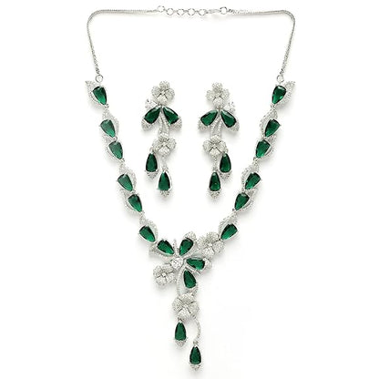 Silver Plated Brass Rhodium Coated Emerald & Necklace With Earring Jewellery Set For Women (Green) - Rajputtrade