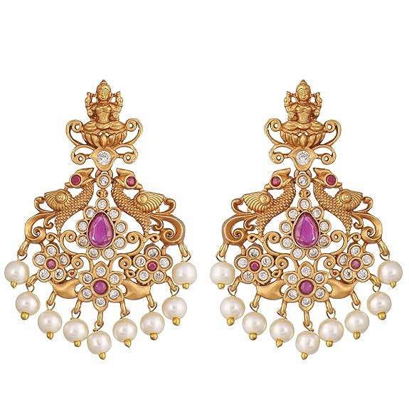 Gold Plated Jaya Long Necklace Set with Lakshmi Idol & Peacock Design - Jewelry Set (White Red) - Rajputtrade