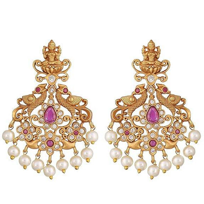 Gold Plated Jaya Long Necklace Set with Lakshmi Idol & Peacock Design - Jewelry Set (White Red) - Rajputtrade