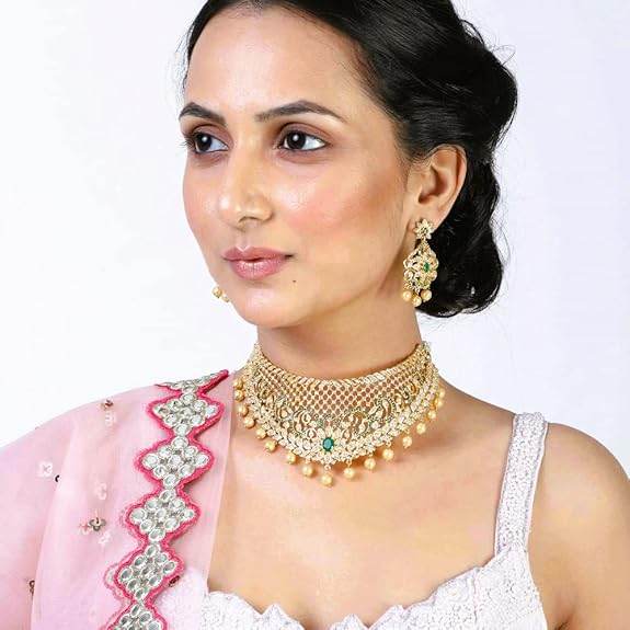 Gold Plated CZ Grand & Gorgeous Bridal Choker Set With Pearls & Crystals for Women - Rajputtrade