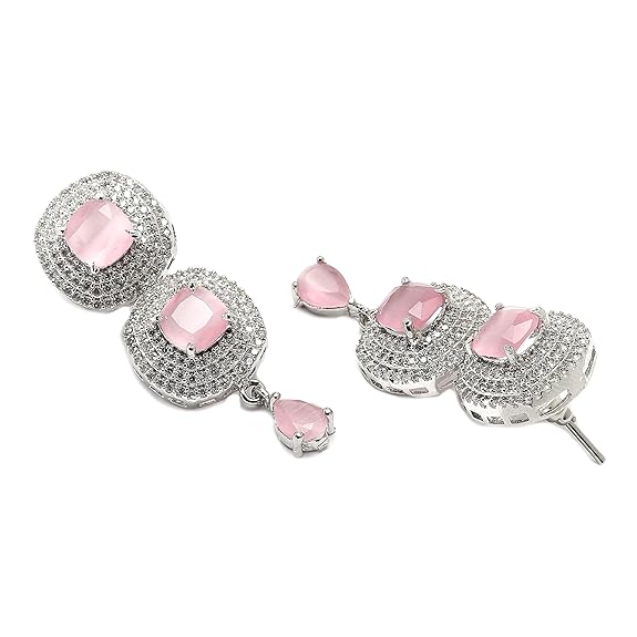Silver Toned Triangular Shaped American Diamond Studded Jewellery Set For Women and Girl (Pink) - Rajputtrade