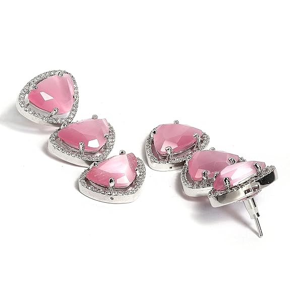 Silver Toned Triangular Shaped American Diamond Studded Jewellery Set For Women and Girl (Pink) - Rajputtrade